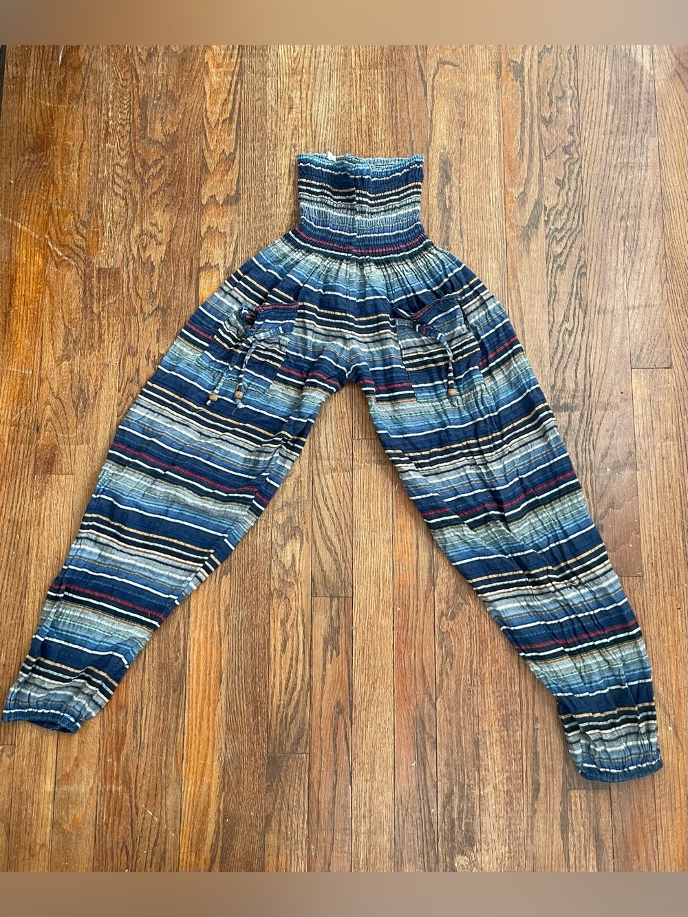 Striped Blue Elastic-Waist Harem Pants